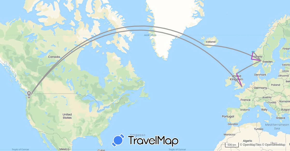 TravelMap itinerary: driving, plane, train, boat in United Kingdom, Iceland, Norway, United States (Europe, North America)