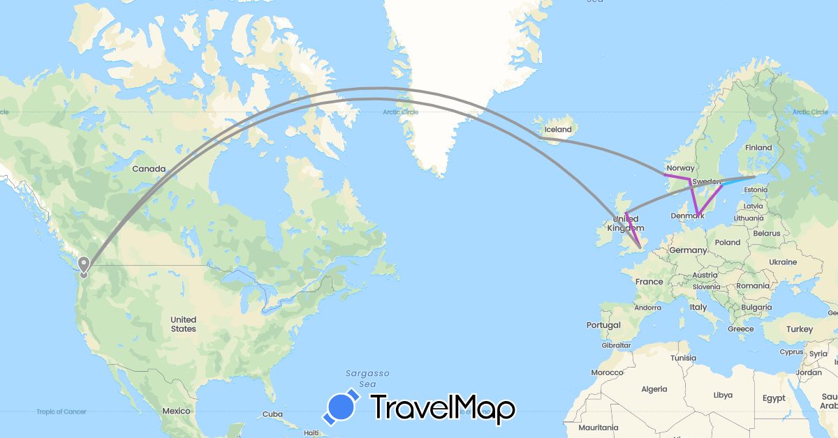 TravelMap itinerary: driving, plane, train, boat in Denmark, Finland, United Kingdom, Iceland, Norway, Sweden, United States (Europe, North America)